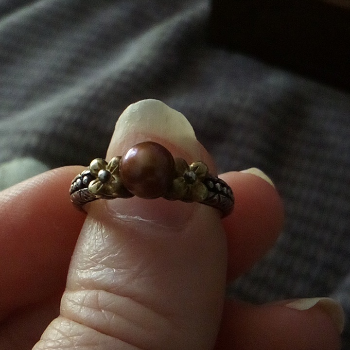 Barbara Bixby Chocolate Pearl Sterling Silver +18k Gold Ring Lotus Flower Size 7